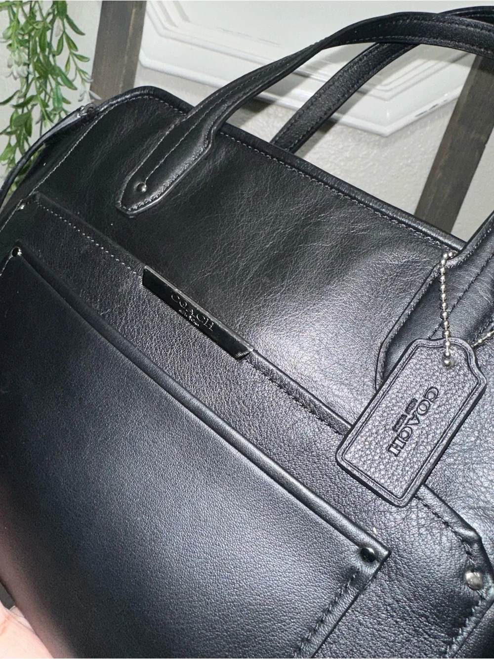 Coach Black Leather Structured Shoulder Bag with Crossbody Strap